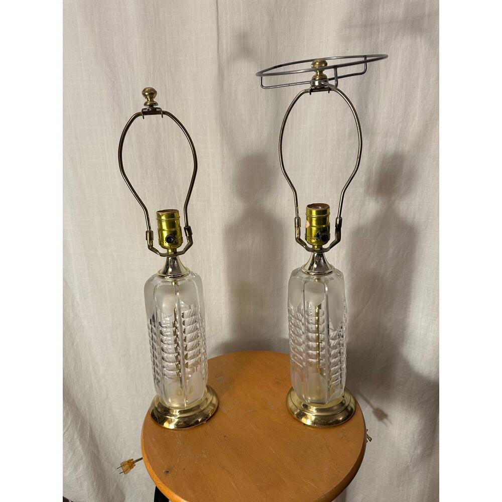 Cut Lead Crystal Pair of Lamps Table Lamp MCM Style Vintage Etched Tested